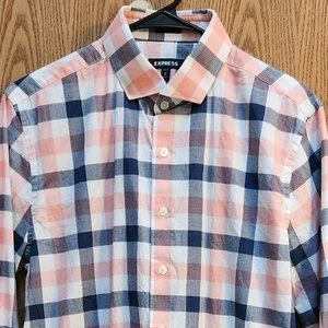 EXPRESS Slim Peach Blue Plaid Button Down Shirt - Medium